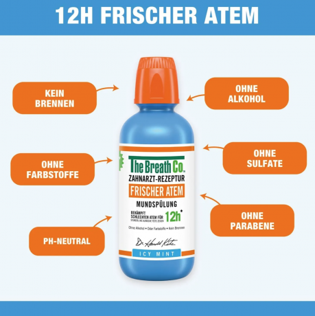The Breath Co Frischer Atem Mundspulung Icy Mint 500ml, Ополаскиватель для рта от неприятного запаха, без спирта, антибактериальный, мятный, 12 часов свежести, 500 мл