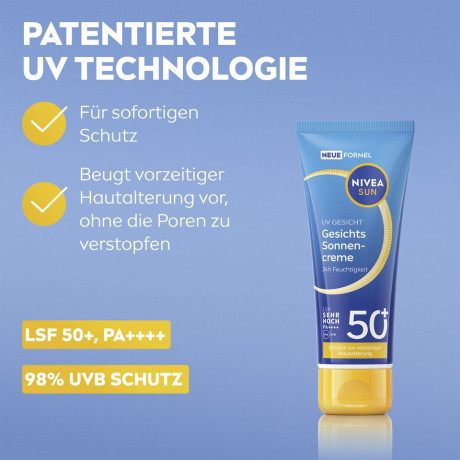 NIVEA SUN UV Gesichtssonnenschutz LSF 50+, 40 ml, Нивеа Солнцезащитный крем для лица, SPF 50+, увлажнение и защита от фотостарения, 40 мл