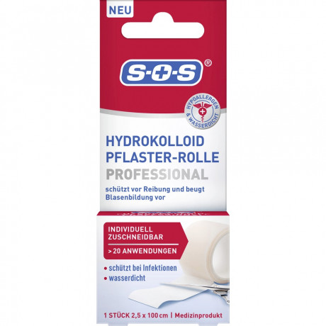 SOS Hydrokolloid Pflaster-Rolle, 1 Stuck, SOS Гидроколлоидный пластырь в рулоне Professional, предварительно нарезанный, защита от натирания, 1 шт.