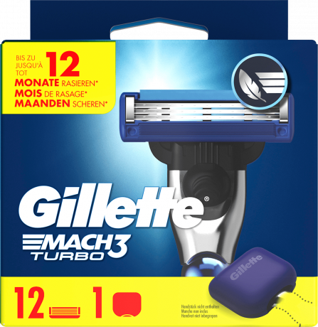 GILLETTE Rasierklingen, Mach3 Turbo, 12 St, Джилетт Сменные кассеты Mach3 Turbo для мужской бритвы, 12 шт.