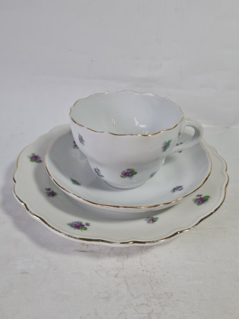 Чайное трио винтажное Meissen с фиолетовыми цветочками, фарфор, Германия, 1960-70гг.