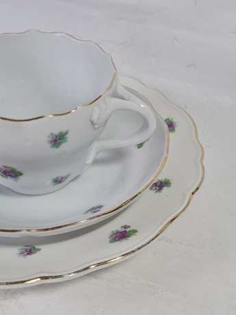 Чайное трио винтажное Meissen с фиолетовыми цветочками, фарфор, Германия, 1960-70гг.