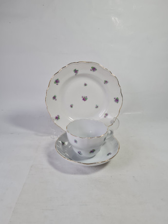 Чайное трио винтажное Meissen с фиолетовыми цветочками, фарфор, Германия, 1960-70гг.