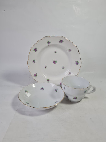 Чайное трио винтажное Meissen с фиолетовыми цветочками, фарфор, Германия, 1960-70гг.