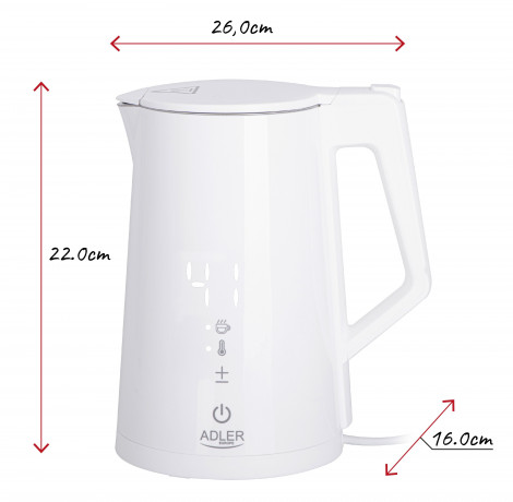 JUNG JUNG Wasserkocher ADLER AD1345W Wasserkocher mit Temperatureinstellung Digital kettle, 1.7 l, 2200 W, LED Touch Display Digital, 2200W, Edelstahl Kocher Cool Touch Kettle Чайник JUNG Чайник ADLER AD1345W с регулировкой температуры Цифровой чайник, 1