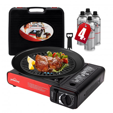 HOMELUX HOMELUX Gaskocher Campingkocher Grillplatte mit Piezozundung + 4 x Gaskartuschen, (Grillplatte Tischgrill Transportkoffer Gasbrenner Gasgrill, 5-St., Campingkocher Outdoor Camping Gas Kocher Herd)  Газовая плита HOMELUX Кемпинговая плита-гриль с п