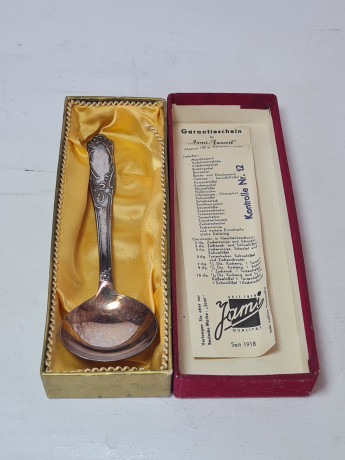 Ложка серебряная винтажная Jami-Favorit в заводской коробке с паспортом изделия, 17 x 6 см, Германия, 1960-70гг.