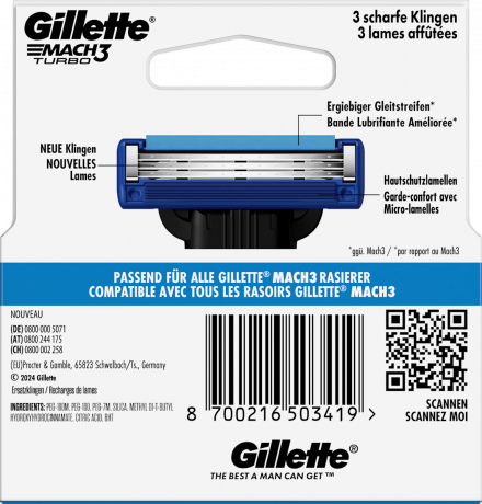 GILLETTE Rasierklingen, Mach3 Turbo, 5 St, Джилетт Сменные кассеты Mach3 Turbo для мужской бритвы, 5 шт.
