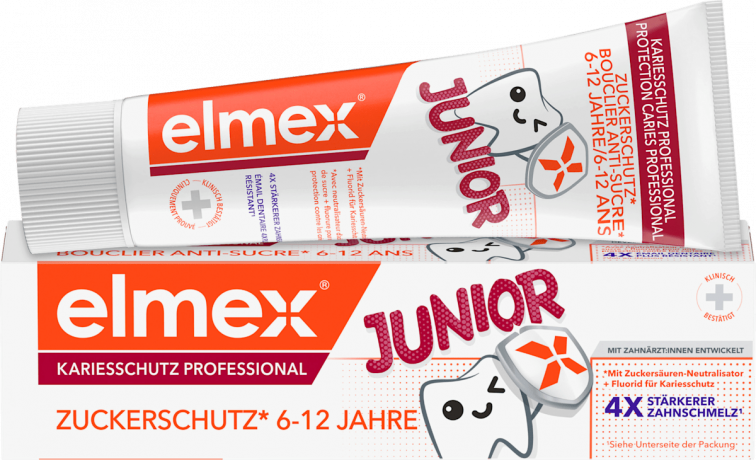 elmex Zahnpasta Junior Kariesschutz Professional, 75 ml, Детская зубная паста Junior Kariesschutz Professional с кальцием и фторидом, 6–12 лет, 75 мл