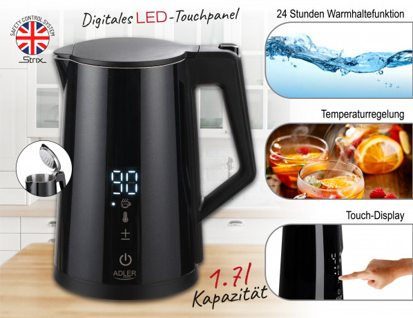 JUNG JUNG Wasserkocher ADLER AD1345S Wasserkocher mit Temperatureinstellung Digital Kettle, 1.7 l, 2200 W, LED Touch Display Digital, 2200W, Edelstahl Kocher Cool Touch Kettle  Чайник JUNG Чайник ADLER AD1345S с регулировкой температуры, цифровой чайник, 
