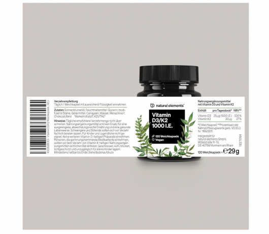 MK7 natural elements D3 + K2 1000 МЕ + 20 мкг, витамин D3 и K2 для иммунитета и костей, веганские мягкие капсулы, 120 шт