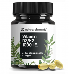 MK7 natural elements D3 + K2  1000 МЕ + 20 мкг, витамин D3 и K2 для иммунитета и костей, веганские мягкие капсулы, 120 шт