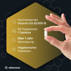 Vitamaze Vitamin D3 highly dosed 20000 IU per tablet (20-day dose) 180st, Витамин D3 20000МЕ Депо (Германия), 180шт, таблетки, 1 таблетка в 20 дней, запас на 10 лет, 180шт