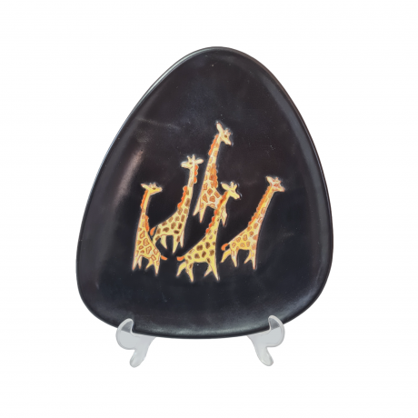 Тарелка декоративная винтажная Karlsruhe, черная керамика с ярким рисунком "Жирафы", ручная работа, 27,5 x 24 x 3 см, Германия, 1960-70гг.
