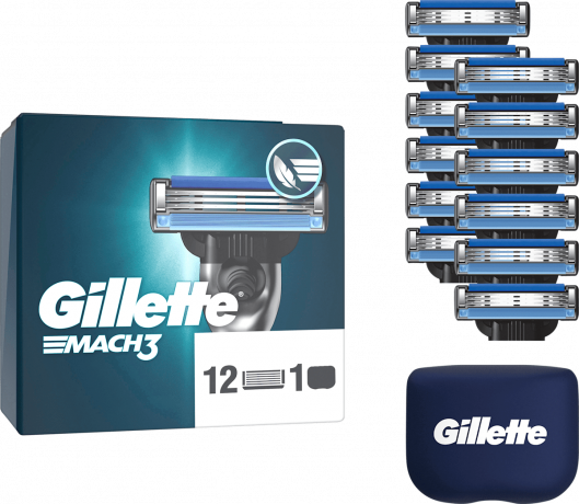 GILLETTE Rasierklingen, Mach3, 12 St, Джилетт Сменные кассеты Mach3 для мужской бритвы, 12 шт.