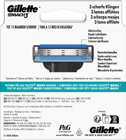 GILLETTE Rasierklingen, Mach3, 12 St, Джилетт Сменные кассеты Mach3 для мужской бритвы, 12 шт.