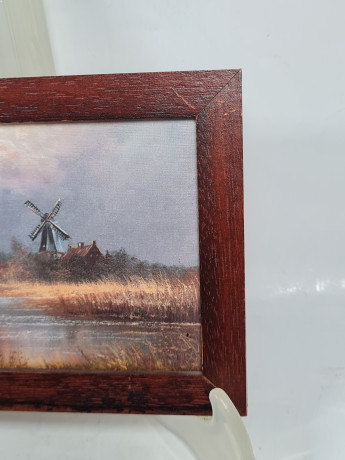 Картина винтажная Im Stil C.Stenton "Пейзаж с мельницей", деревянная рама, 17 х 12 см, Германия, 1960-70гг.