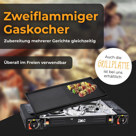 ZMC ZMC Gaskocher 2in1 Campingkocher Grillplatte mit Piezozundung + 4x Gaskartuschen, (2 Flammig Grill Platte Tischgrill Doppel Gasbrenner Gasgrill Kochfeld mit LPG Anschluss Warmeleistung: 2,3KW), Butan Gas 227g Gaskocher Outdoor Camping Gas Kocher Herd
