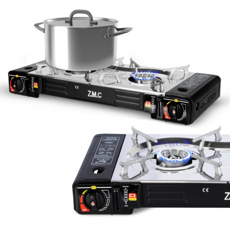ZMC ZMC Gaskocher 2in1 Campingkocher Grillplatte mit Piezozundung + 4x Gaskartuschen, (2 Flammig Grill Platte Tischgrill Doppel Gasbrenner Gasgrill Kochfeld mit LPG Anschluss Warmeleistung: 2,3KW), Butan Gas 227g Gaskocher Outdoor Camping Gas Kocher Herd