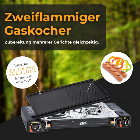 ZMC ZMC Gaskocher 2in1 Campingkocher Grillplatte mit Piezozundung + 4x Gaskartuschen, (2 Flammig Grill Platte Tischgrill Doppel Gasbrenner Gasgrill Kochfeld mit LPG Anschluss Warmeleistung: 2,3KW), Butan Gas 227g Gaskocher Outdoor Camping Gas Kocher Herd