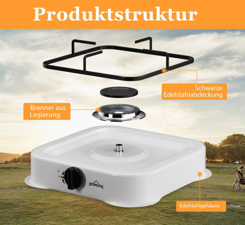 HOMELUX HOMELUX Gaskocher Campingkocher mit 1,5M Anschlussschlauch und Druckminderer 50 mbar, (Camping Gasherd Kocher) 1-flammig Газовая плита HOMELUX походная с соединительным шлангом 1,5 м и редуктором давления 50 мбар (походная газовая плита)