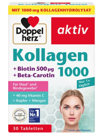 Doppelherz aktiv Kollagen 1000 + Biotin + Q10 30stk, Активный коллаген 1000 + биотин + Q10 Для поддержания здорового цвета лица, 30шт
