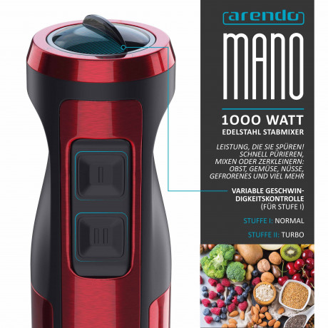 Arendo Arendo Stabmixer, 1000 W, Edelstahl Purierstab in rot Handmixer mit stufenloser Regelung  Ручной блендер Arendo, 1000 Вт, очищающий стержень из нержавеющей стали красного цвета ручной миксер с бесступенчатым управлением