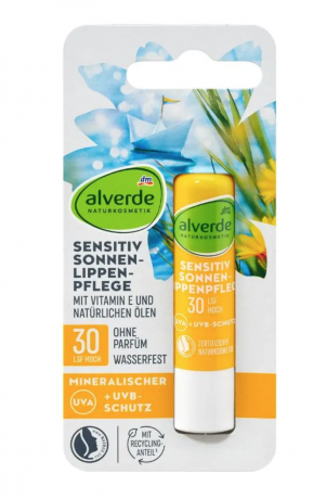 alverde NATURKOSMETIK Lippenpflegesitft sensitiv LSF 30, 4,8 g,  Бальзам для губ SPF 30 Sensitive (Германия), 4,8 г, минеральная защита от солнца, с витамином E и натуральными маслами