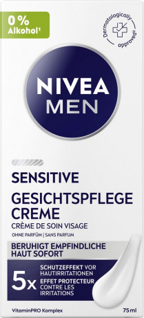 NIVEA MEN Sensitive Gesichtspflege Creme, 75 ml, Нивеа Мужской крем для лица, для чувствительной кожи, ромашка и витамин E, без отдушек, 24ч увлажнение, 75 мл