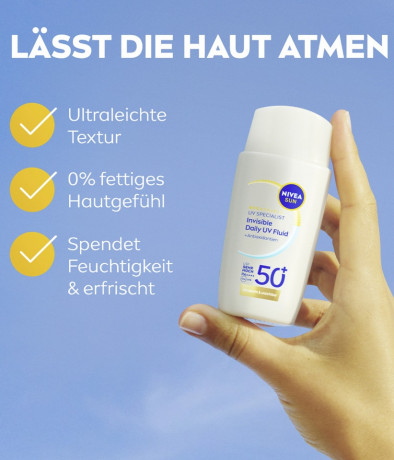 NIVEA SUN UV Schutz Gesicht Experte Invisible Daily UV-Fluid LSF 50+, 40 ml, Нивеа Солнцезащитный UV-флюид для лица, SPF 50+, невидимый, ежедневный, 40 мл