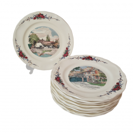 Набор тарелок винтажных Sarreguemines France,  светло-бежевый фарфор с  пейзажами и красочным цветочным декором, 10 штук х 25 x 3 см, Франция, 1960-70гг.