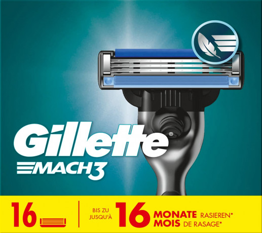 GILLETTE Rasierklingen, Mach3, 16 St, Джилетт Сменные кассеты Mach3 для мужской бритвы, 16 шт.