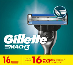 GILLETTE Rasierklingen, Mach3, 16 St, Джилетт Сменные кассеты Mach3 для мужской бритвы, 16 шт.