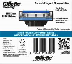 GILLETTE Rasierklingen, Mach3, 16 St, Джилетт Сменные кассеты Mach3 для мужской бритвы, 16 шт.