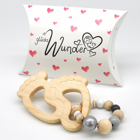 glucksWunder Holz Greifling Beissring Babyfusschen mit Geschenkverpackung Деревянное кольцо для прорезывания зубов детские ножки с подарочной коробкой