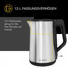 Gutfels Gutfels Wasserkocher WATER 3020, 1.5 l, 2200 W, Doppelwandiges Edelstahl, integrierter Filter, 360° Sockel  Чайник Gutfels WATER 3020, 1,5 л, 2200 Вт, нержавеющая сталь с двойными стенками, встроенный фильтр, основание на 360°