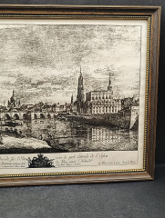 Репродукция гравюры винтажная Dieter Kessel &quot;Перспектива. Дрезденский мост через Эльбу&quot;, в раме, под стеклом, 30.5 х 22.5 см, Германия, 1960-70гг.