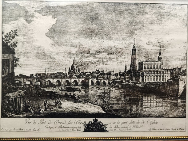 Репродукция гравюры винтажная Dieter Kessel "Перспектива. Дрезденский мост через Эльбу", в раме, под стеклом, 30.5 х 22.5 см, Германия, 1960-70гг.