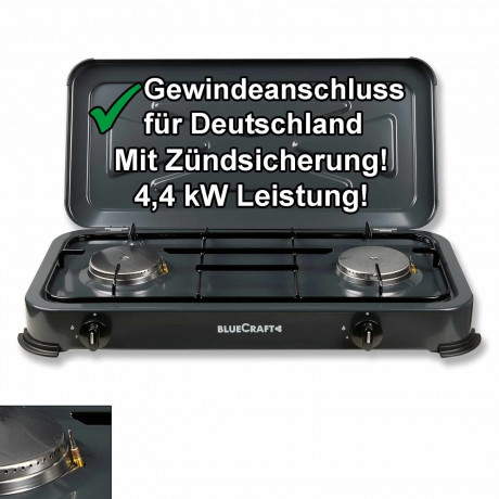 BlueCraft BlueCraft Gaskocher, (Gas-Kochfeld 2 flammen propangas), Campingkocher 2-flammig mit Zundsicherung  Газовая плита BlueCraft, (газовая плита, 2 пламени, пропан), походная плита, 2 пламени, с запальным предохранителем