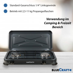BlueCraft BlueCraft Gaskocher, (Gas-Kochfeld 2 flammen propangas), Campingkocher 2-flammig mit Zundsicherung  Газовая плита BlueCraft, (газовая плита, 2 пламени, пропан), походная плита, 2 пламени, с запальным предохранителем