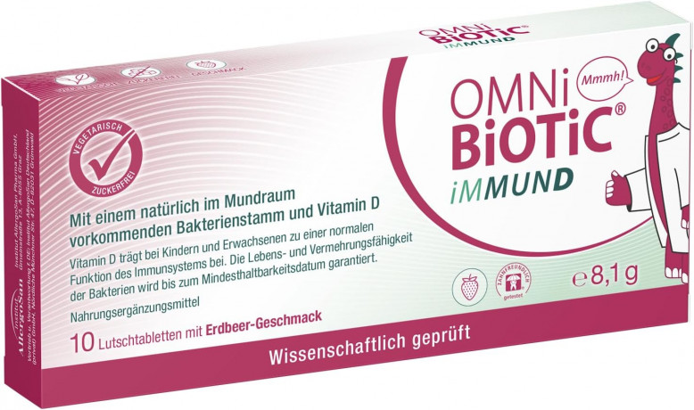 OMNI BIOTIC iMMUND 10stk, Бактерии + витамин D для укрепления иммунитета для детей и взрослых, леденцы с клубничным вкусом, без сахара, 10 шт