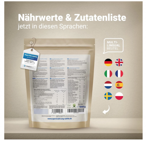 Wehle Sports pulver 1000g, Коллаген гидролизованный порошок, тип I II III, поддержка суставов, кожи и мышц каждый день, без вкуса, Германия, 1000 г