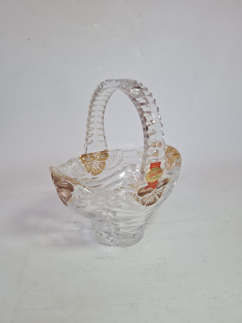 Корзина хрустальная винтажная Anna Hutte с позолоченным узором, 15,5 x 11 x 19 см, Германия, 1960-70гг.