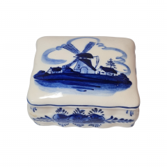 Шкатулка винтажная Delft Blue, дельфтский фарфор с рисунком в синих тонах &quot;Мельница&quot;, 10,5 x 8,5 x 5,5 см, Голландия, 1960-70гг.