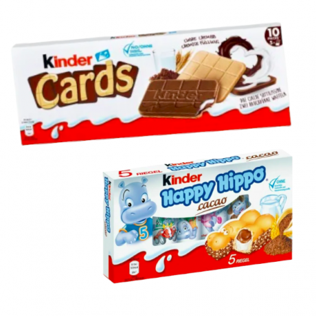 Kinder НАБОР: Kinder Cards Киндер Вафли 1уп + Kinder Happy Hippo Cacao Вафельные трубочки с молочным кремом и какао 1 уп 