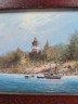 Картина винтажная Im Stil C.Stenton "Пейзаж с лодкой и маяком", деревянная рама, 17 х 12 см, Германия, 1960-70гг.