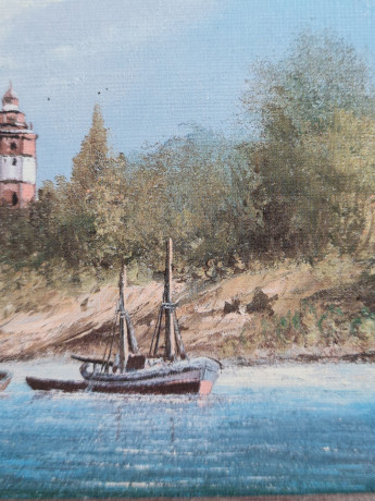 Картина винтажная Im Stil C.Stenton "Пейзаж с лодкой и маяком", деревянная рама, 17 х 12 см, Германия, 1960-70гг.