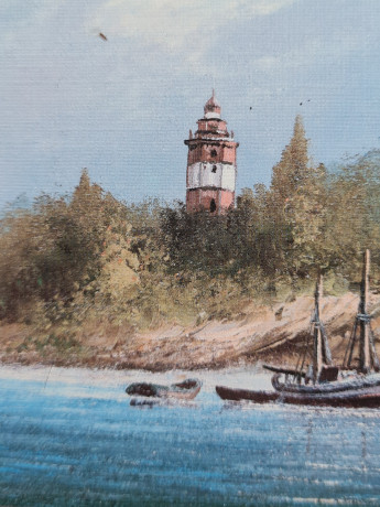 Картина винтажная Im Stil C.Stenton "Пейзаж с лодкой и маяком", деревянная рама, 17 х 12 см, Германия, 1960-70гг.