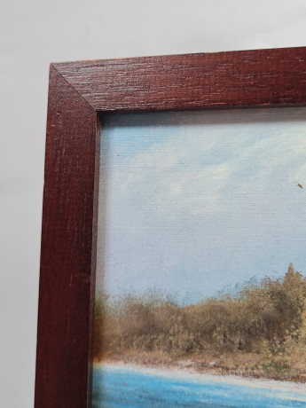 Картина винтажная Im Stil C.Stenton "Пейзаж с лодкой и маяком", деревянная рама, 17 х 12 см, Германия, 1960-70гг.