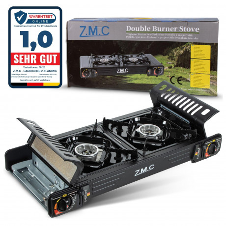 ZMC ZMC Gaskocher PREMIUM Campingkocher 2 flammig Herd, (Brenndauer 1,5 bis 5 Stunden (abhangig von der Gasregulierung), Outdoor Camping Gas Kocher Kochfeld Gasherd Doppel Kartuschenkocher Газовая плита ZMC Походная плита ПРЕМИУМ с 2 пламенем (время горе